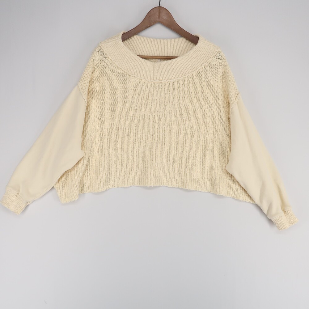 Free People Sweater Womens M Cream Cropped Mixed Media Knit Boat Neck Boxy